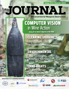 The Journal of Conventional Weapons Destruction Issue 25.2 with a close-up image of an explosive hazard on the ground in Ukraine