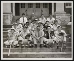 The Edinburg baseball team, posing on the front steps of a large building by William Garber