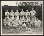 Baseball team with the letter "E" printed on their uniforms posing with a young child and a dog in a grassy area surrounded by trees by William Garber