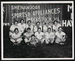 A baseball team with the letter "S" on their uniform, posing in front of a fence advertising for businesses in Woodstock, Va. by William Garber