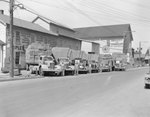 A row of company trucks for Triplett and Vehrencamp, a farming and hardware store. The drivers are standing next to their trucks by William Garber
