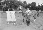 Timberville Horse Show, a man holding a trophy and walking with a horse towards two women by William Garber