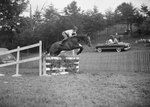 Side view of a horse and its rider high jumping over a fence by William Garber